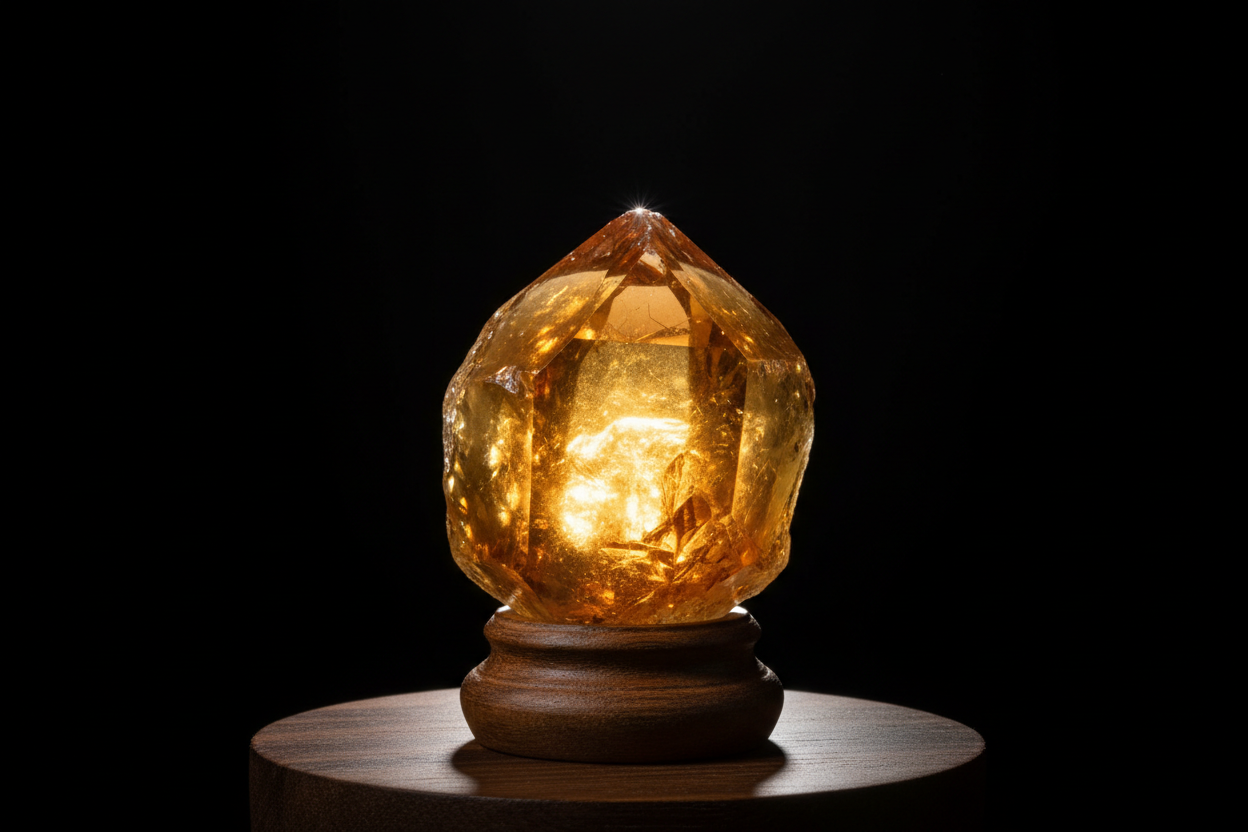Citrine crystal on wooden stand with black background