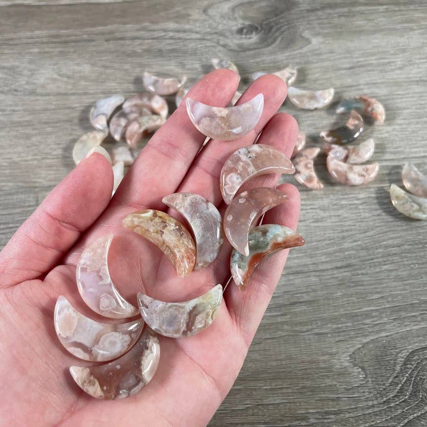 Flower Agate Crescent Moon - 1" Mini Carving