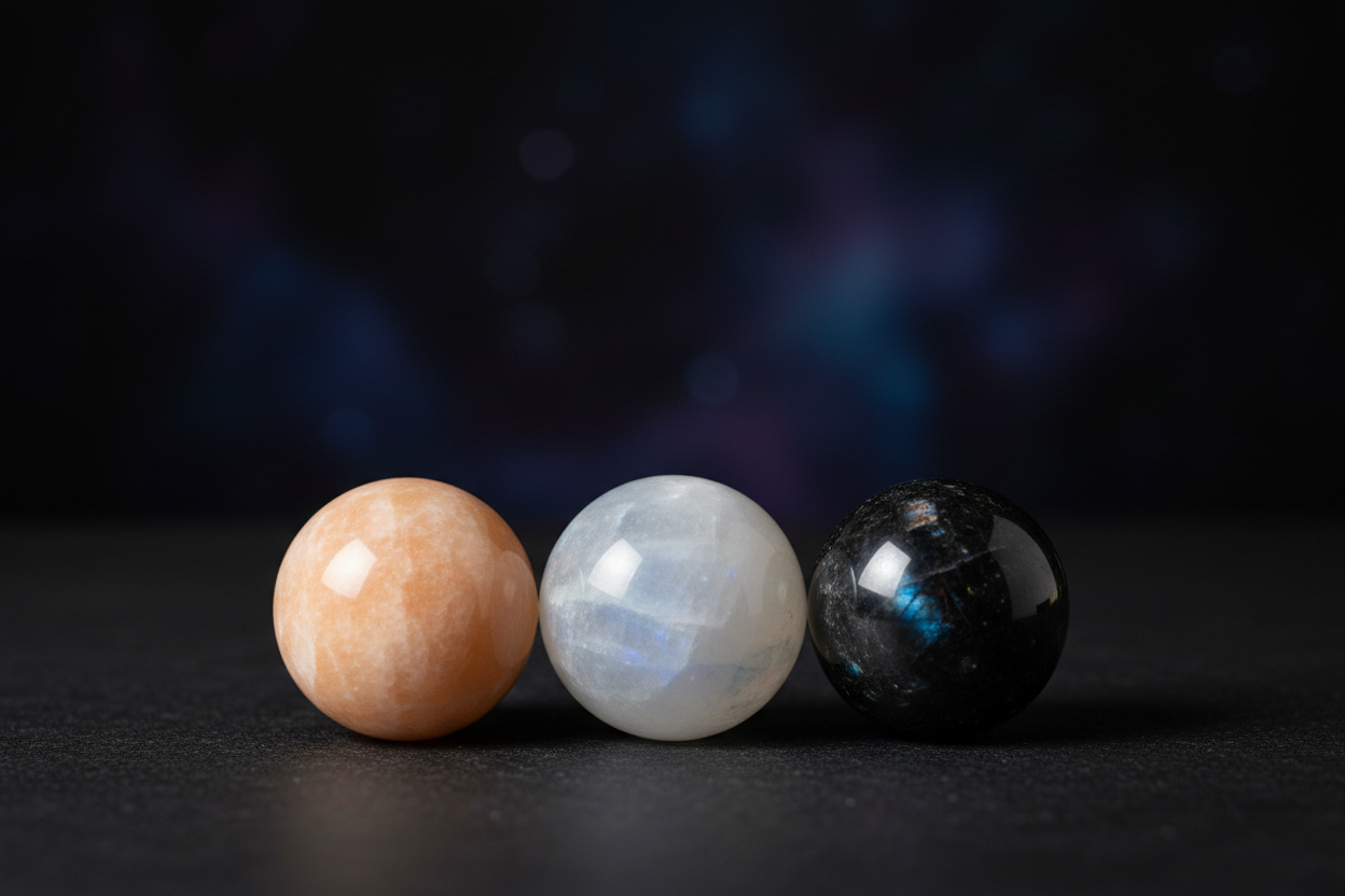 Moonstone Spheres - White, Peach, and Black