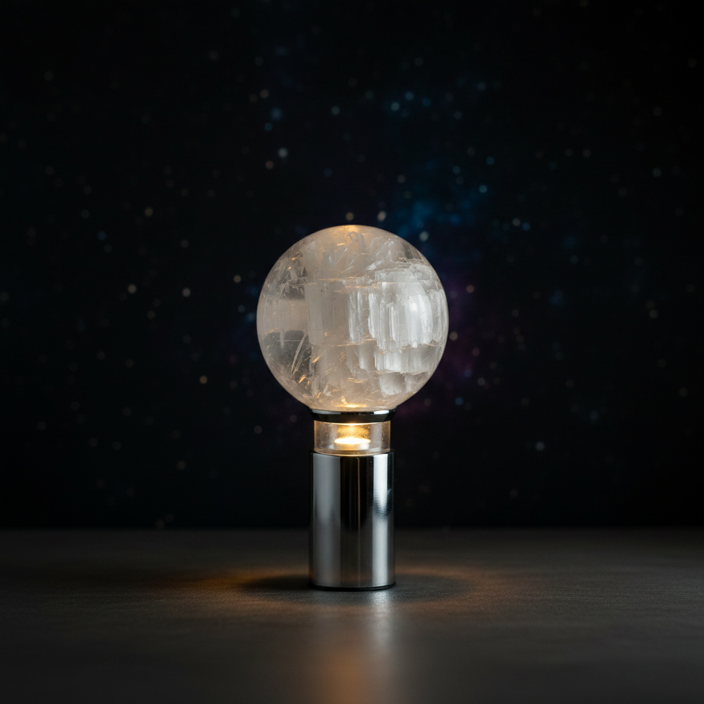 Selenite Sphere on Lit Stand - Smaller in Frame
